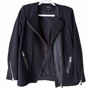 Maje | Wool Blend & Leather Asymmetrical Full Zip Jacket Moto Black Small